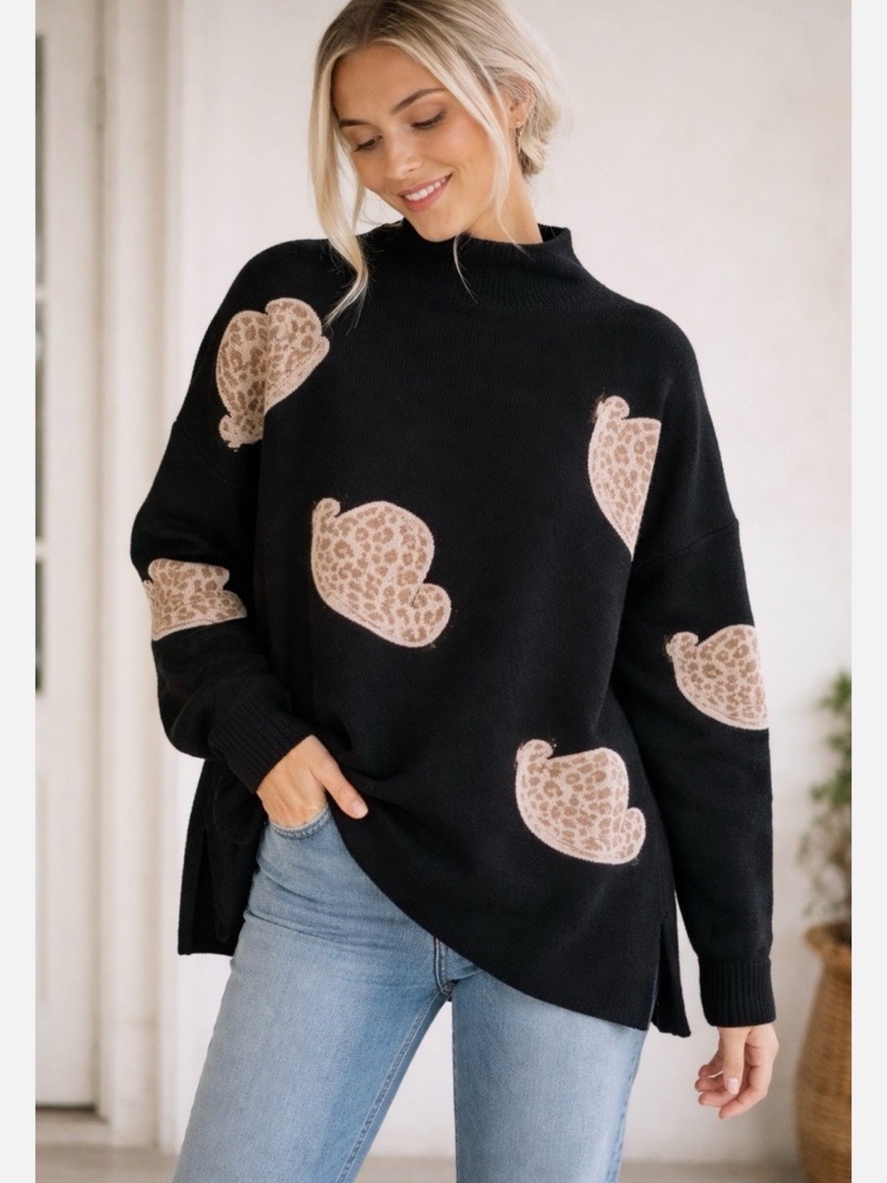 entro Black Cowlneck Sweater with Beige Leopard Cowboy Hat Motifs